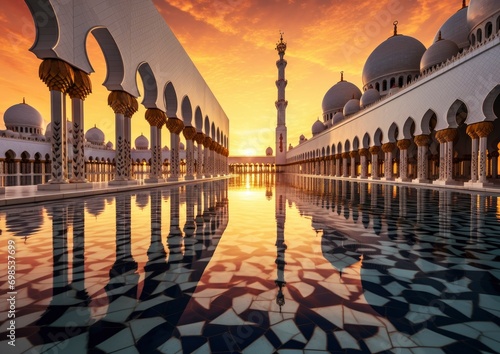 photo view of famous abu dhabi sheikh zayed mosque at sunset © Image