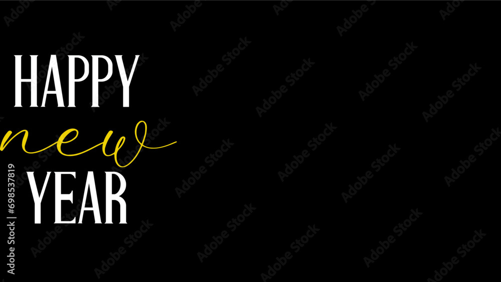 New Year's card template with flat black background, with space for writing and with white and yellow lettering, December
