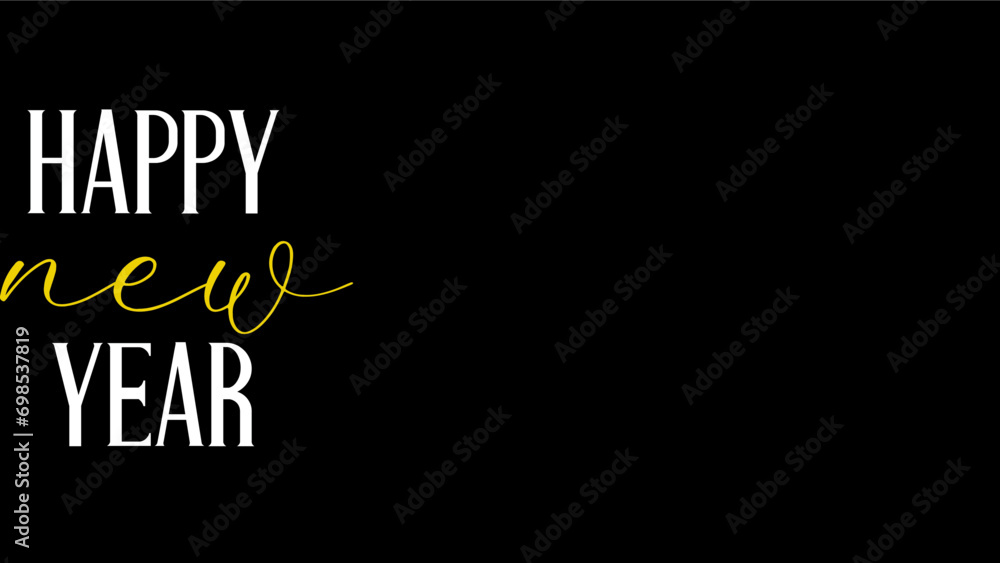 New Year's card template with flat black background, with space for writing and with white and yellow lettering, December New Year's card template with flat black background, with space for writing and with white and yellow lettering, December