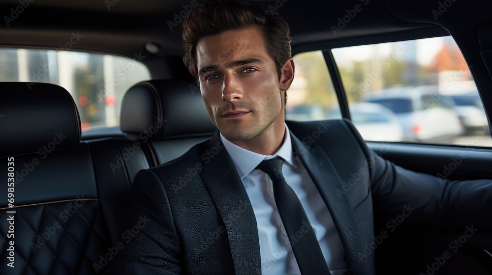 Successful businessman in a expensive suit sitting in the back seat of a luxury car Successful businessman in a expensive suit sitting in the back seat of a luxury car