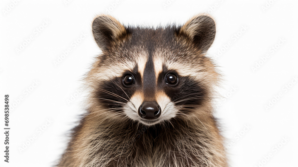 cute funny raccoon, closeup, isolated on a white background, AI Generative.
