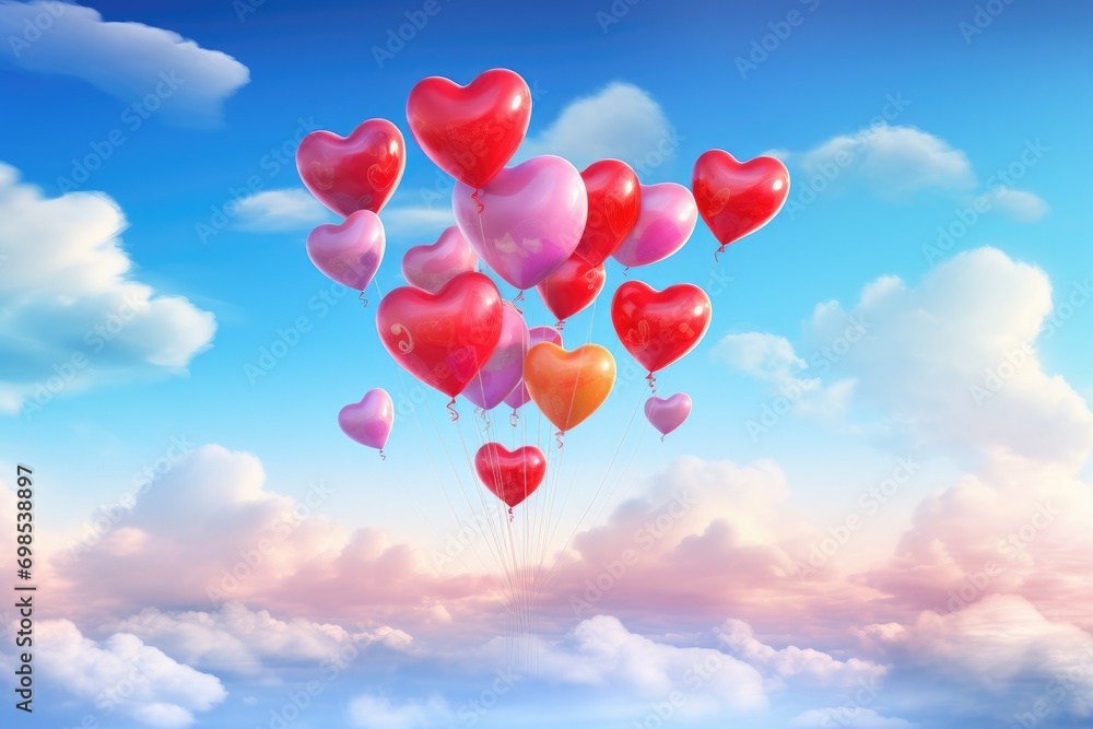 Valentine's day background with heart-shaped balloons in the sky, A cluster of vivid love heart balloons floating in sky, AI Generated
