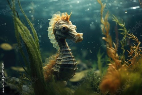 Hippocampus seahorse in the aquarium. Marine life, A close-up of a seahorse navigating through underwater vegetation, AI Generated © Iftikhar alam