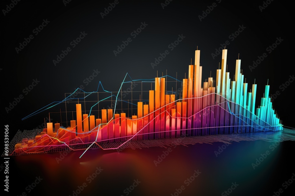 3d illustration of financial graph over dark background with light effects, A colorful 3D line graph indicating a rise in stock market, AI Generated