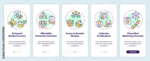 2D icons representing benefits of collective marketing in agri-food clusters mobile app screen set. Walkthrough 5 steps multicolor graphic instructions with line icons concept, UI, UX, GUI template.