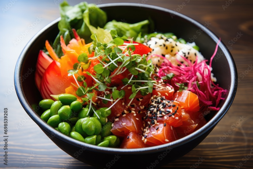Hawaiian salmon poke bowl with seaweed, sesame seeds and vegetables, A colorful bowl of poke with fresh ingredients, AI Generated