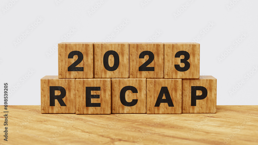 2023 Recap economy, business, financial summary, business review concept. Business plan for 2024. 2023 Recap on wooden cubes. 3d illustration - obrazy, fototapety, plakaty 