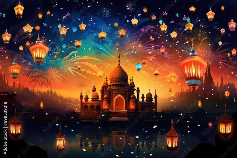Illustration of Taj Mahal with colorful lanterns and fireworks, A colorful Diwali scene, with lanterns and fireworks, AI Generated Illustration of Taj Mahal with colorful lanterns and fireworks, A colorful Diwali scene, with lanterns and fireworks, AI Generated