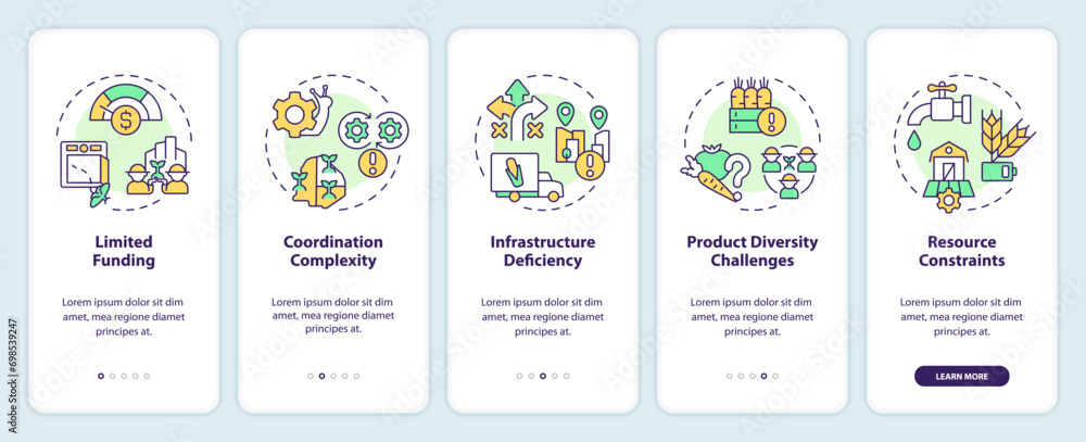 2D linear icons representing problems and limitations of agricultural clusters mobile app screen set. Walkthrough 5 steps multicolor graphic instructions with concept, UI, UX, GUI template.