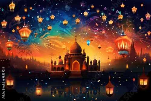 Illustration of Taj Mahal with colorful lanterns and fireworks, A colorful Diwali scene, with lanterns and fireworks, AI Generated