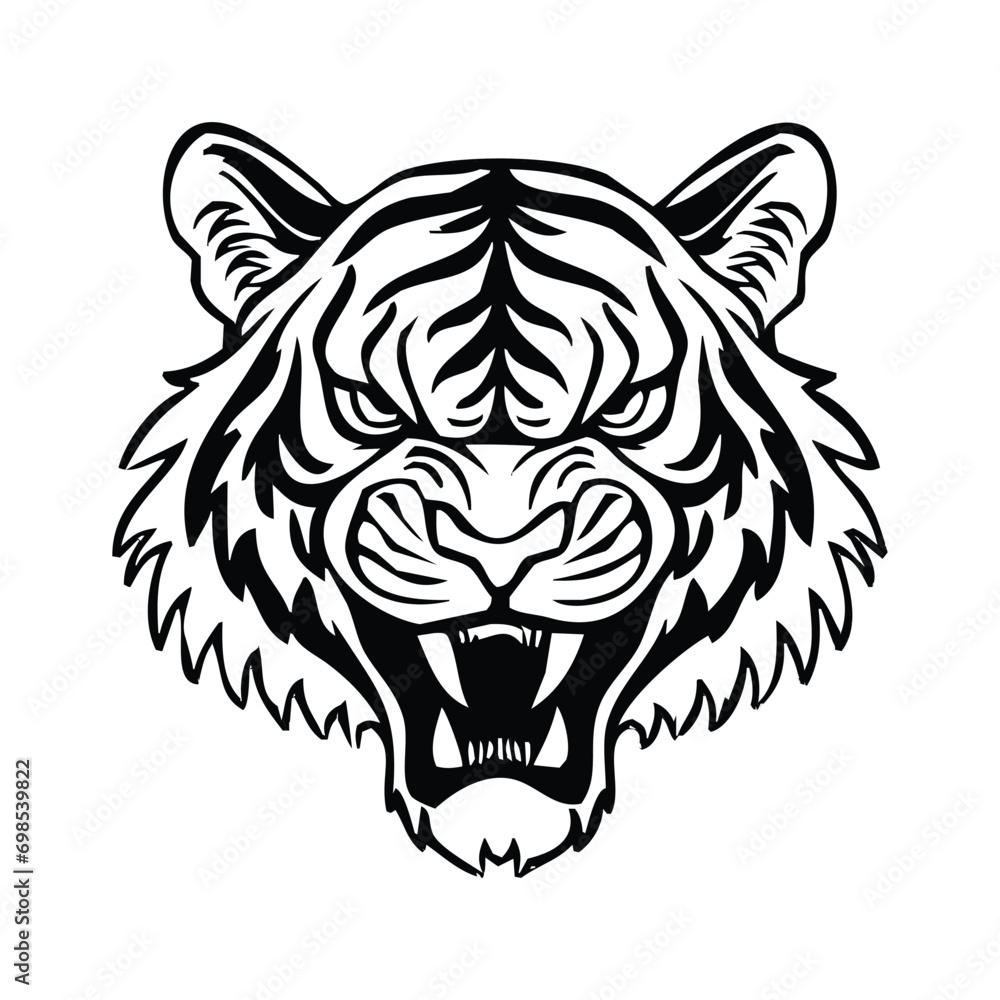 Wildcat Fury Aggressive Feline Logo - Graphic T-Shirt Print of Striped Beast's Angry Teeth in Jungle - Cartoon Icon Illustration Wildcat Fury Aggressive Feline Logo - Graphic T-Shirt Print of Striped Beast's Angry Teeth in Jungle - Cartoon Icon Illustration