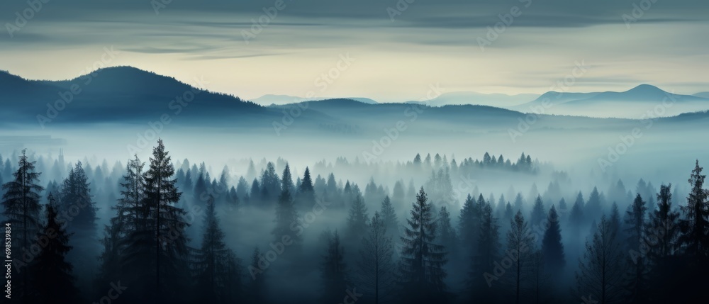 Foggy morning panorama of the forest covered with morning fog