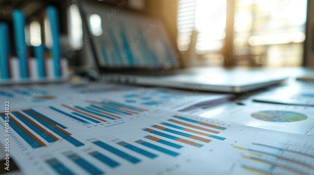 Analysts in the workplace are studying financial data for marketing strategy at the workspace, and there is a stack Analysts in the workplace are studying financial data for marketing strategy at the workspace, and there is a stack