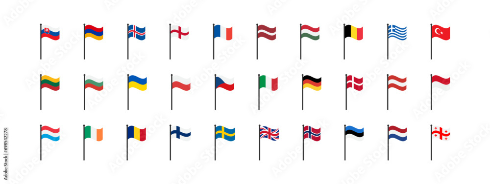 European flags icon. Europe countries set signs. Nation symbol. Banner of France, Germany, Italy, British, and other symbols. Square form icons. Vector isolated sign. - obrazy, fototapety, plakaty 