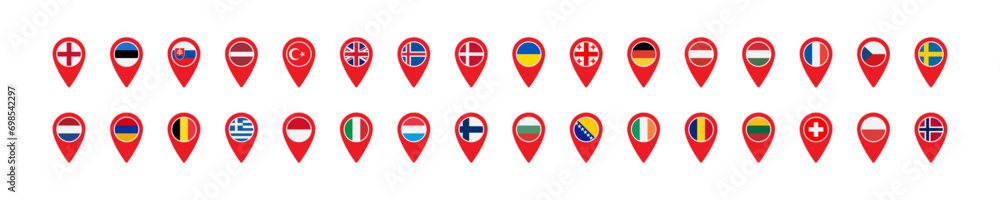 European flags in the geo location icon. Europe countries map pin set signs. Nation symbol. Banner of France, Germany, Italy, British, and other symbols. Square form icons. Vector isolated sign. - obrazy, fototapety, plakaty 