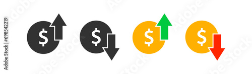 Dollar coin graph up and down. Money cost arrow growth, decline. Currency investment. Market price. Finance exchange. Vector illustration.