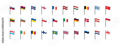 European flags icon. Europe countries set signs. Nation symbol. Banner of France, Germany, Italy, British, and other symbols. Square form icons. Vector isolated sign.