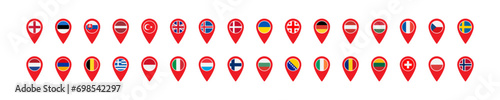 European flags in the geo location icon. Europe countries map pin set signs. Nation symbol. Banner of France, Germany, Italy, British, and other symbols. Square form icons. Vector isolated sign.