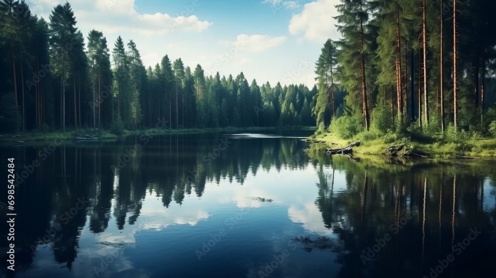 Panoramic quiet forest lake with reflection of trees on quiet water