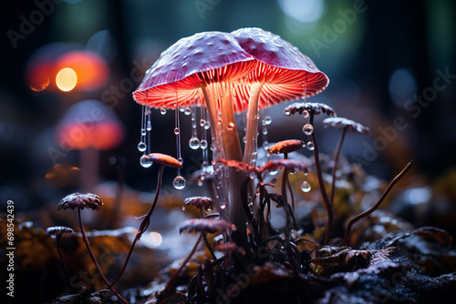 Photo A metaphorical portrayal of a mushroom as a biological lighthouse, guiding the way with its luminous presence for navigational and directional designs