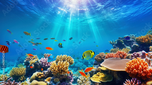 Underwater view of a colorful sea coral reef with fishes. Ocean ecosystem. Generative AI © AngrySun