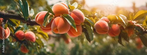 peach grows on a tree. selective focus. Generative AI, © Milena