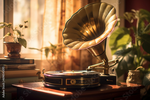 old gramophone with vinyl records photo