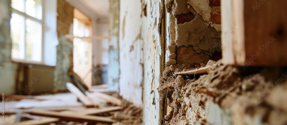 Removing wall between house and extension. DIY renovation, selective focus. Removing wall between house and extension. DIY renovation, selective focus.