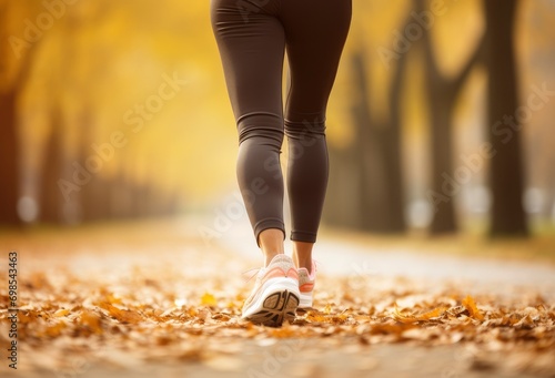 Woman legs in white shoes against autumn leaves background