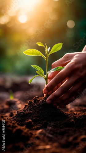 hands hold a small plant with green leaves and care for it in rich dark soil in sunlight. Caring for the environment. Planting and watering plants. Sustainable food. Buds. Growing organic produce photo