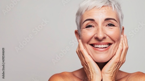 Beauty, skincare and senior face model showing wellness, health and youth in studio with white background. Portrait, natural and self care from happy elderly woman with a glowing and beautiful smile