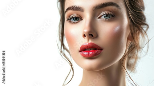 Beauty woman face with healthy skin lips natural makeup healthy fresh skin and hair isolated on white