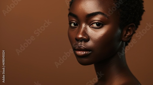 Black woman, portrait and beauty or skincare with cosmetology on a brown studio background. Skincare, facial and cosmetics with an african american female with makeup or cosmetic treatment