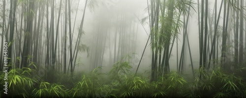 view of bamboo forest with fog in the morning during the rainy season photo