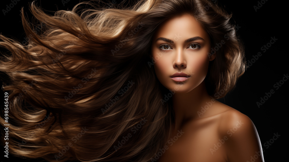 Obraz premium Majestic Woman with Flowing Hair for Beauty Campaigns, Perfect for Hair Products, Dark Background