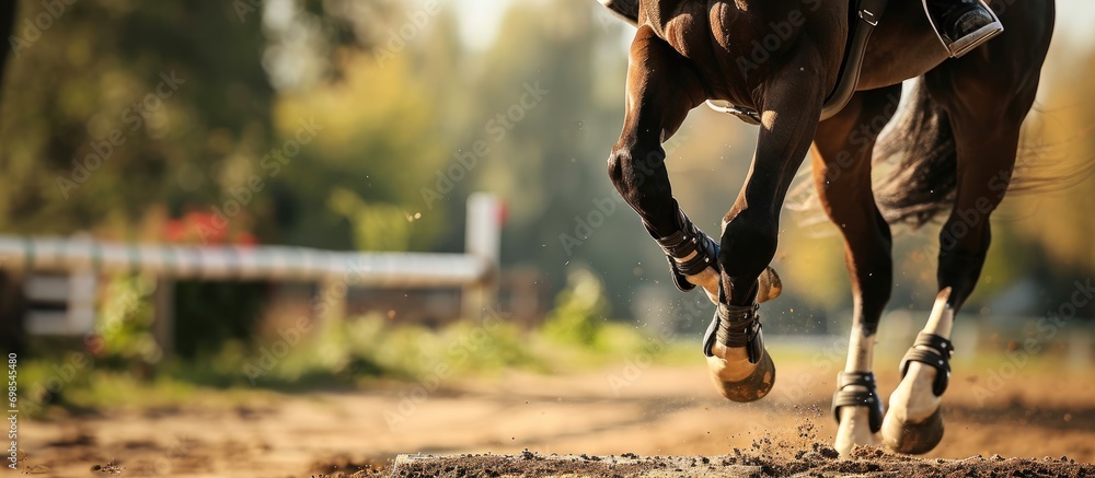 Horse's hooves overcoming obstacles in equestrian jumping competitions. - obrazy, fototapety, plakaty 