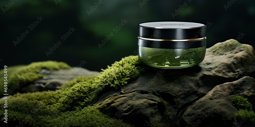 Eco-Friendly Cosmetic Jar in Natural Setting. Generative ai Eco-Friendly Cosmetic Jar in Natural Setting. Generative ai