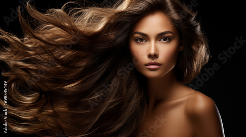Majestic Woman with Flowing Hair for Beauty Campaigns, Perfect for Hair Products, Dark Background