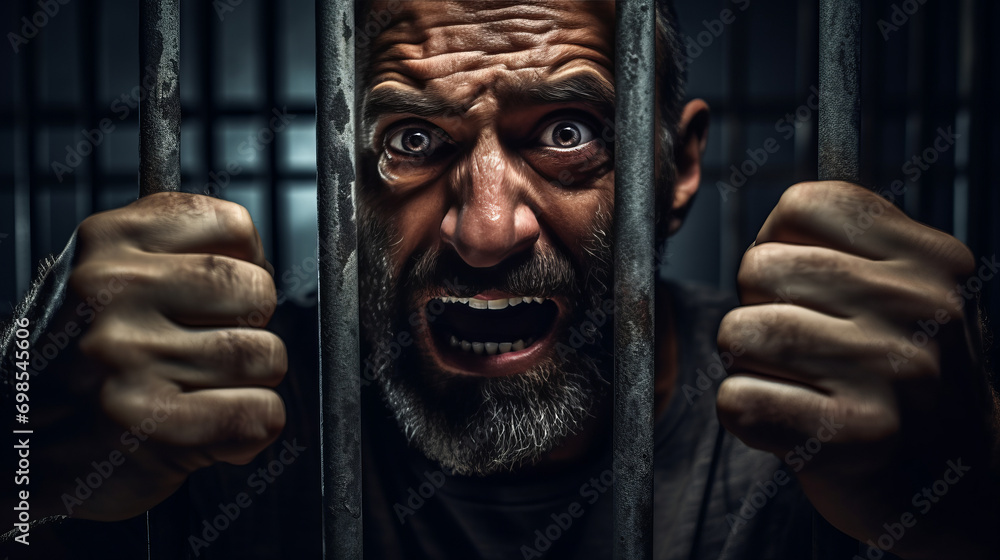Angry male inmate confined behind bars desperately asking to released from custody symbolizing quest for fairness, dangerous criminal man in prison embodies societal threat Angry male inmate confined behind bars desperately asking to released from custody symbolizing quest for fairness, dangerous criminal man in prison embodies societal threat