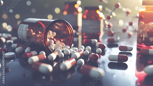 Close-up of spilled prescription pills from a bottle illuminated by ethereal light - medicine and healthcare concept image photo
