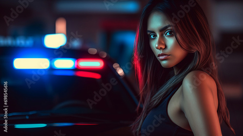 Pretty escort girl sex worker nighttime street portrait in flashing lights of police car, embodying nocturnal mystique in urban night embrace, police apprehend prostitute embodying law enforcement