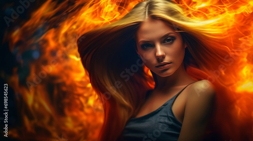 Charming red haired girl with fiery plume embodying fierce and vibrant essence of womanhood, attractive young ginger woman portrait symbolizing unbridled intensity of passion