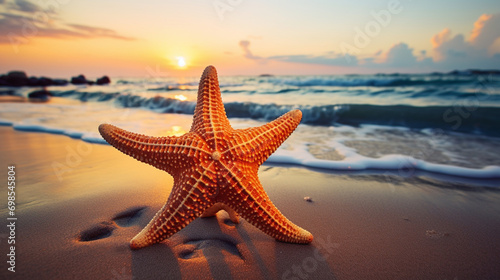 Starfish on the beach in the sea. selective focus. Generative AI, © Milena