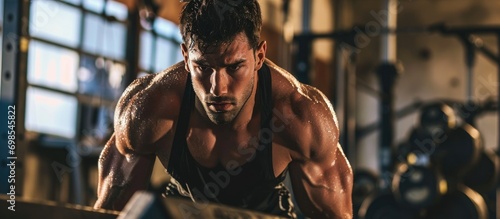 Sweaty muscular man exercising intensely in the gym for cross training motivation. photo