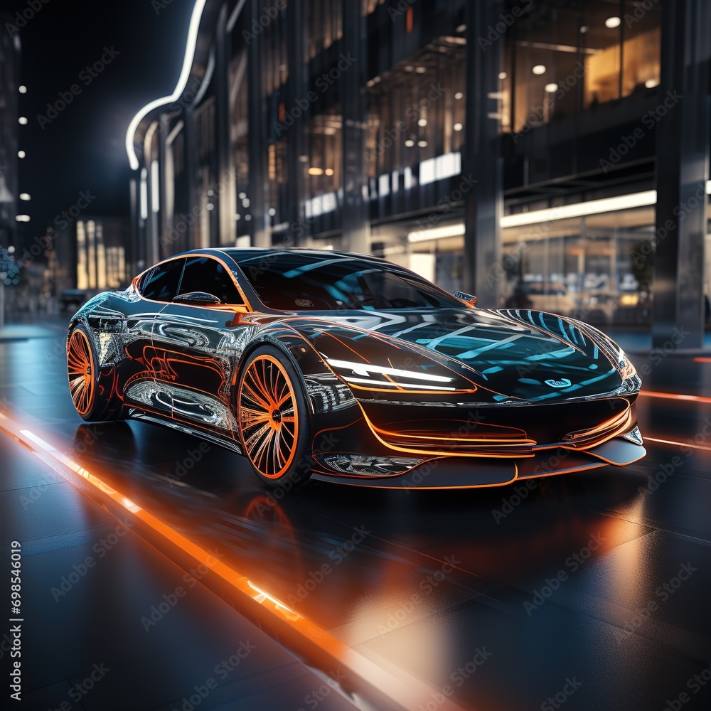 Futuristic sports car illuminated with neon lights in modern urban environment, aesthetic night scene