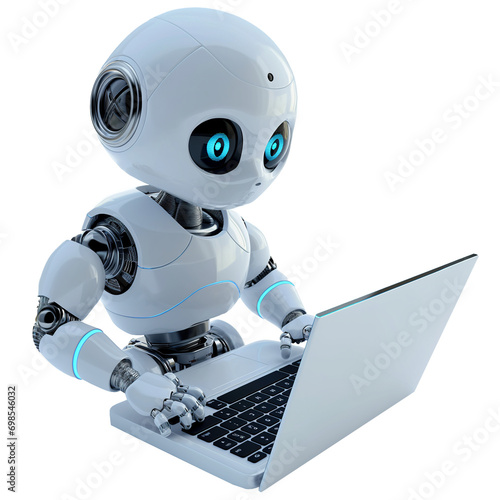 Robot works using laptop, 3d design. Suitable for technology and science