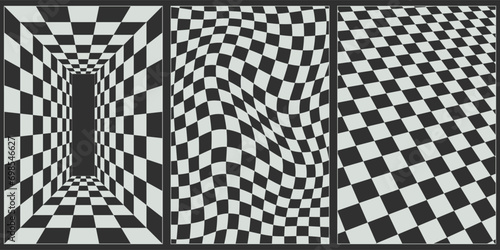 Simple abstract geometric black and white checkerboard grid backgrounds. Futuristic, retro, psychedelic, cyberpunk, or Y2k style pattern for poster element. Vector illustration