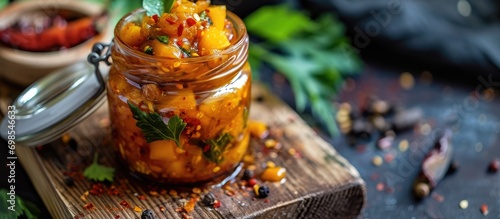 Spiced mango pickle on wooden board photo