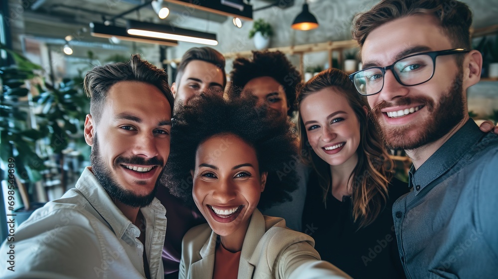 Business people, diversity and corporate friends in selfie, happy in portrait with team, solidarity and motivation. About us, professional group of men and women in the office with smile Business people, diversity and corporate friends in selfie, happy in portrait with team, solidarity and motivation. About us, professional group of men and women in the office with smile