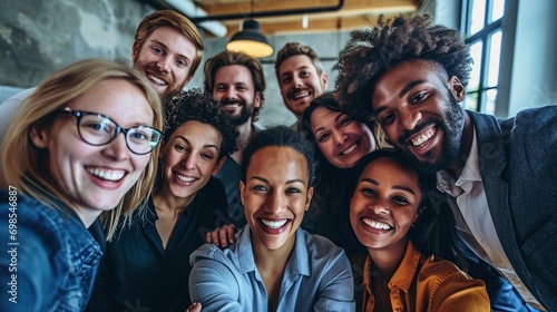 Business people, diversity and corporate friends in selfie, happy in portrait with team, solidarity and motivation. About us, professional group of men and women in the office with smile